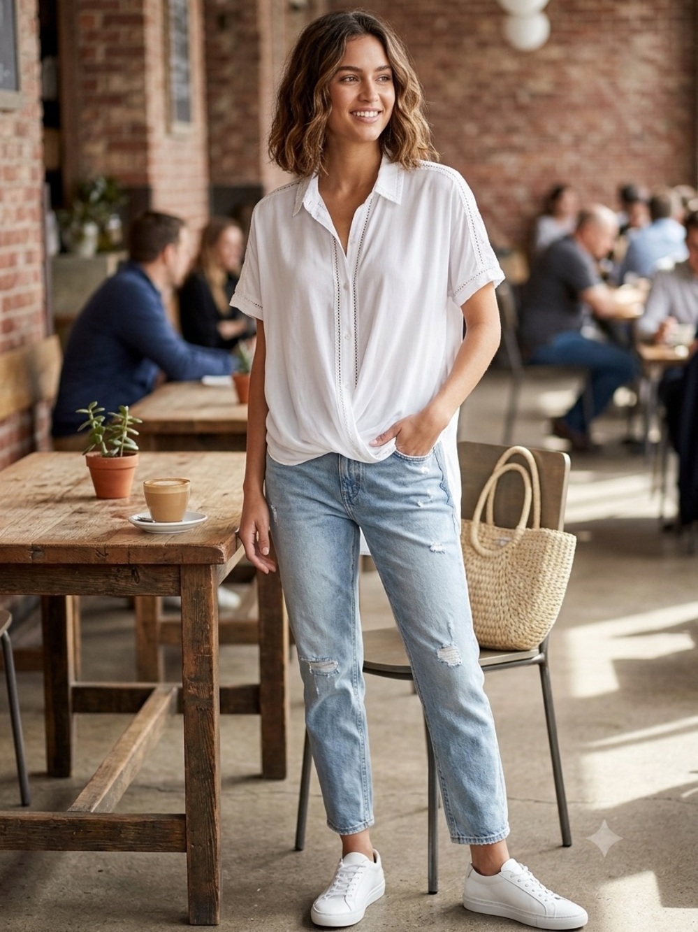 BCBGeneration White Twist Hem Button Up Shirt with Eyelet Back M